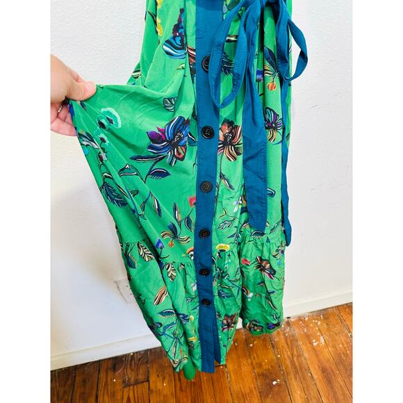 DEREK LAM Green Floral 100% Silk Ruffled Popover Cami Style Midi Dress Size 2 - Picture 6 of 15